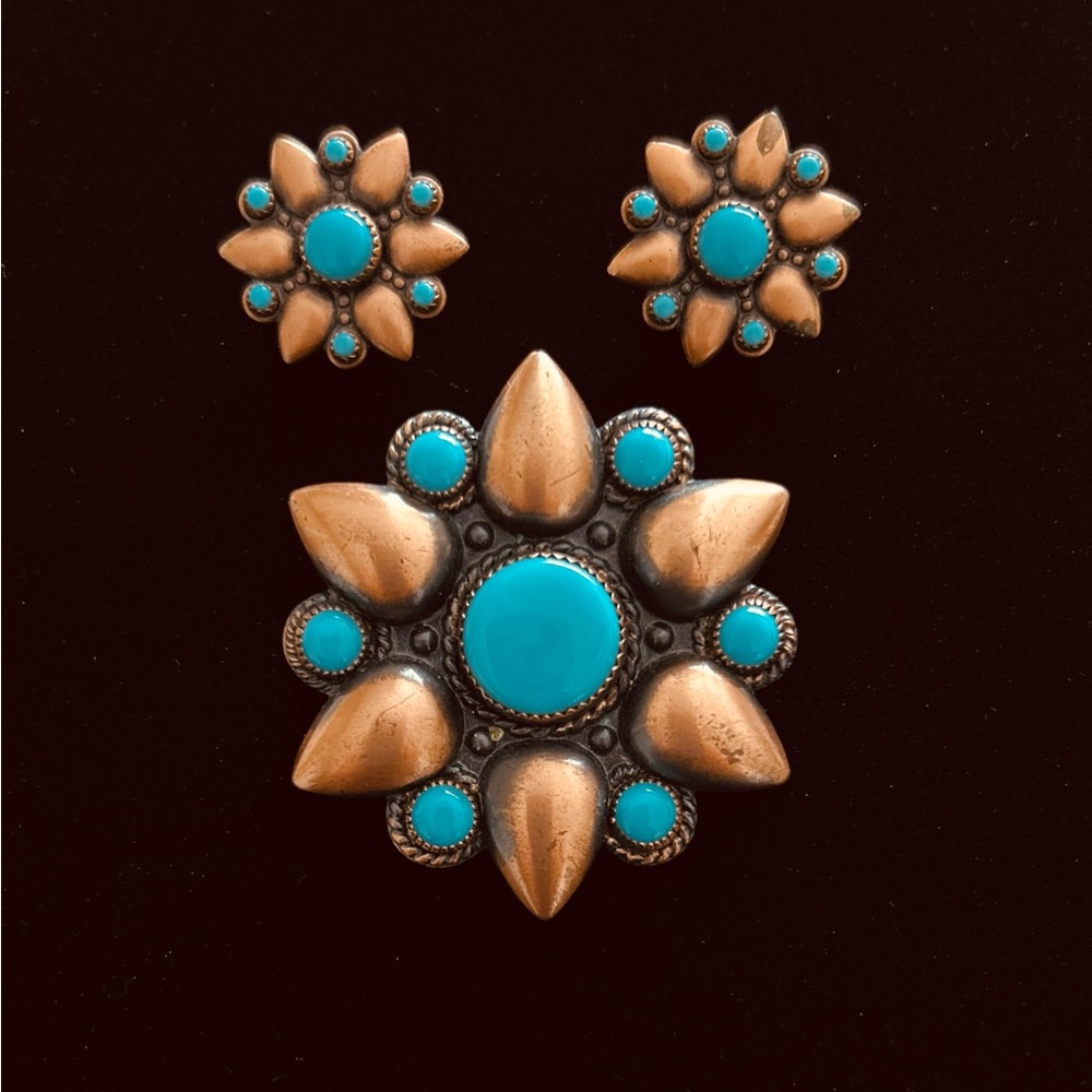Vintage Copper and Faux Turquoise Brooch / Earrings Set.